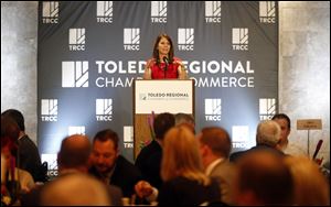 Wendy Gramza, President at Toledo Regional Chamber of Commerce, addreses the crowd at their annual meeting. The Ohio Small Business Development Center, housed within the Chamber of Commerce, has received a state grant for cybersecurity training sessions.