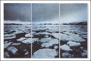 April Surgent, Sea Ice Moves in Spring - Arthur Harbor, Western Antarctic Peninsula, 2015, cameo-engraved glass.