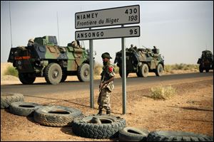 French armored vehicles heading towards the border of Niger and Mali in 2013. Three members of U.S. Special Forces were killed and two others were wounded in the area when a joint U.S.-Nigerien patrol was attacked Wednesday.