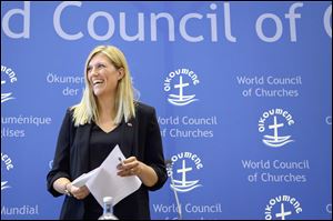 Beatrice Fihn of the International Campaign to Abolish Nuclear Weapons arrives for a news conference at the group’s headquarters in Geneva.