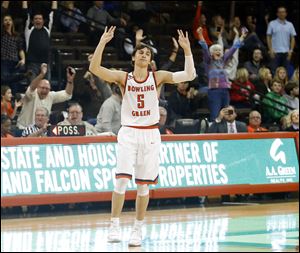 Bowling Green's Dylan Frye celebrates his game-winning shot against Florida Gulf Coast Saturday at Stroh Center in Bowling Green.