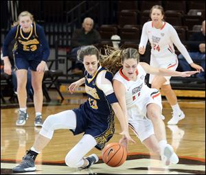 Canisius College's Maria Wech is stripped of the ball by Bowling Green's Carly Santoro during Sunday's game at the Stroh Center.