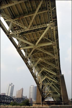 The underside of the Liberty Bridge, a deck truss bridge that crosses the Monongahela River into Pittsburgh.