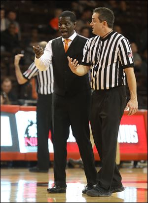 Bowling Green head coach Michael Huger questions a call during the second half of Tuesday's game.
