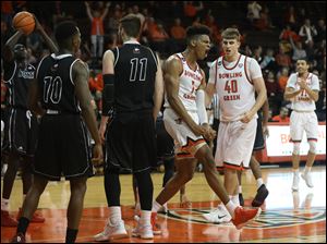 Bowling Green's Demajeo Wiggins reacts to getting fouled near the end of the basketball game against Northern Illinois.
