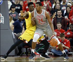 Ohio State's Kaleb Wesson posts up against Maryland's Bruno Fernando during Thursday's game in Columbus. Ohio State won, 91-69.