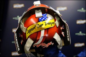 The back of Toledo Walleye goalie Pat Nagle's mask prominently displays the 'Support Our Troops' message. The mask won the   ECHL March MASKness Challenge, a social media based competition for the most impressive mask in the league. 