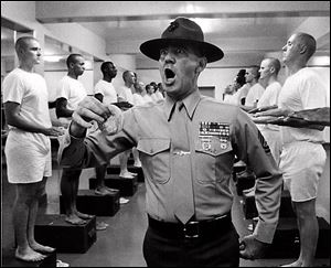 Actor R. Lee Ermey, portraying Gunnery Sgt. Hartman, yells at new Marine recruits in this scene from the 1987 movie 