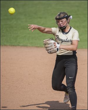 Perrysburgs’ Kylie Griggs throws to first base.