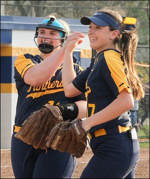 Whitmer's Amanda Combs, left, and Amy Kimora were 2 of the 4 Panther players named first-team All-Three Rivers Athletic Conference.