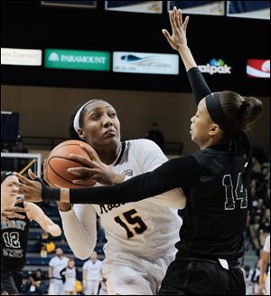 Toledo center Kaayla McIntyre puts up a shot against Wright State during a WNIT game in March at Savage Arena.